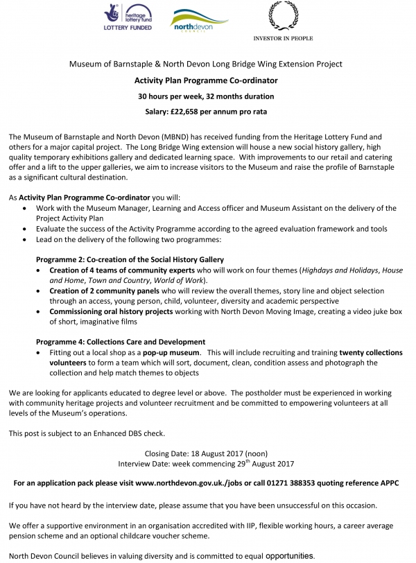 Activity Plan Programme Co ordinator at The Museum of Barnstaple and North Devon