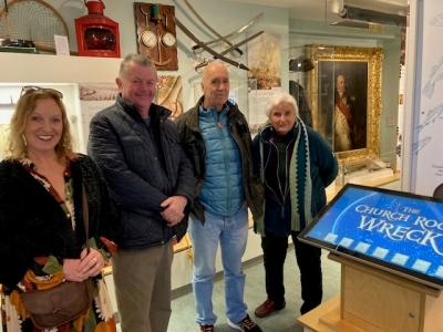 Simon Burton, original discoverer of the Wreck, 2nd from left, with his wife Tracy, Chris Preece, one of the divers and marine archaeologists, and local historian Viv Wilson M.B.E.